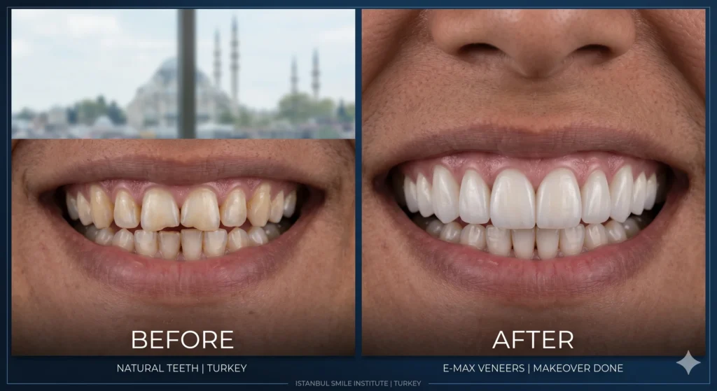 atural looking E-max veneers before and after smile makeover in Turkey