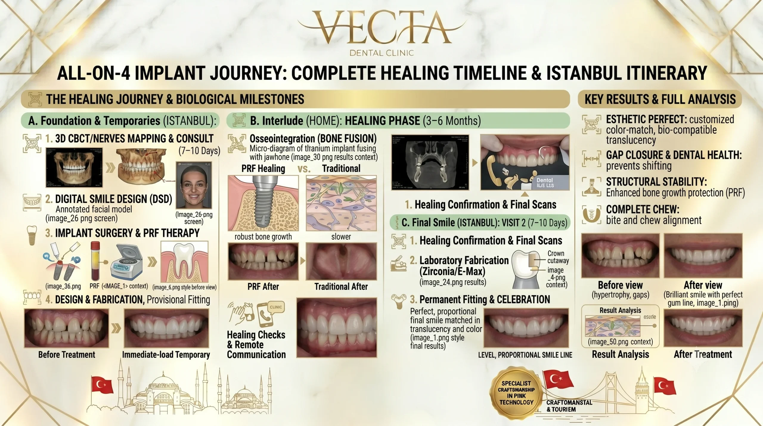 Step-by-step full arch dental implants restoration and healing timeline