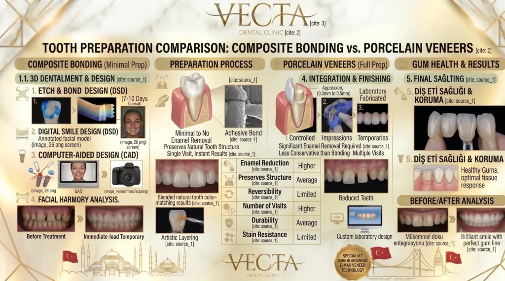 Infographic comparing no-prep composite bonding and porcelain veneer reduction