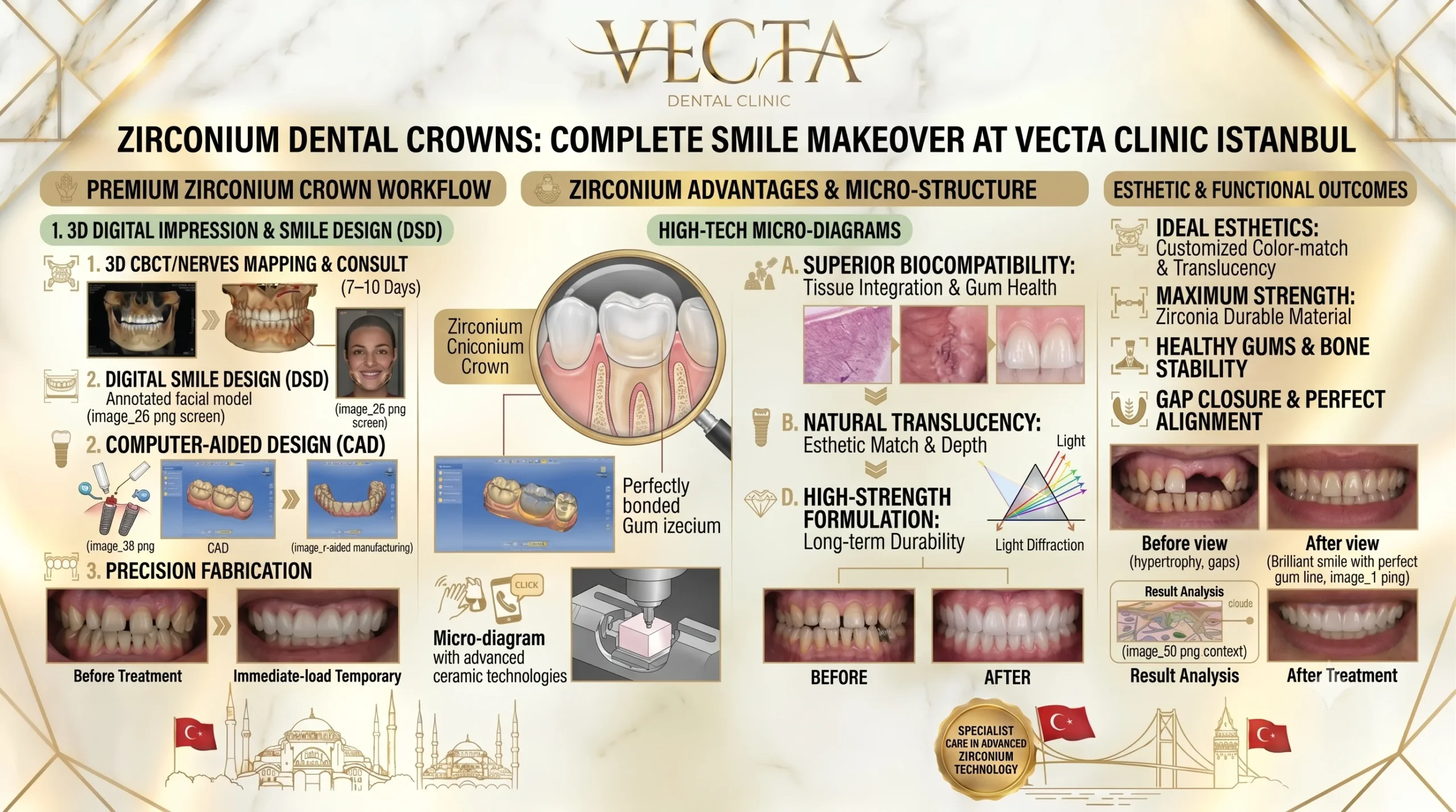 Premium zirconium dental crowns treatment at Vecta Dental Clinic Istanbul
