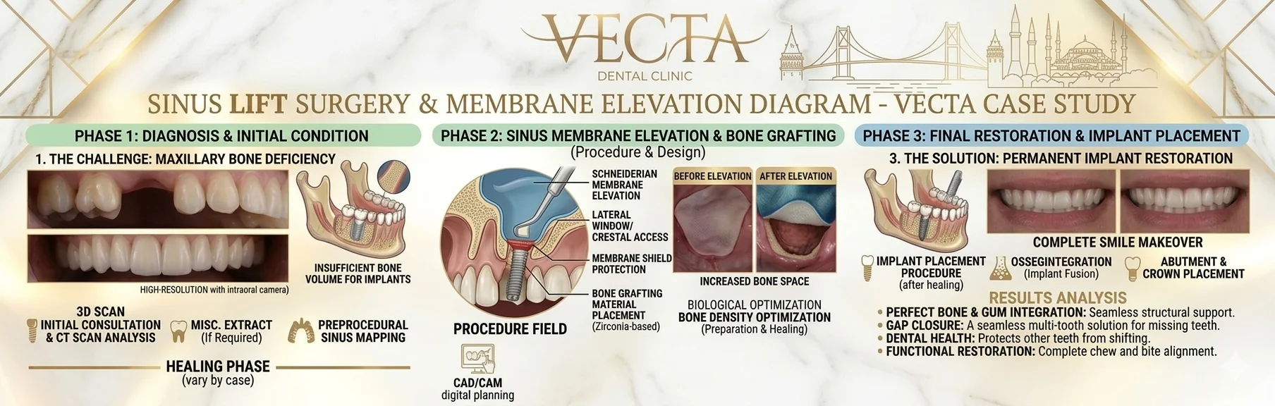 Cross-section diagram of maxillary sinus floor elevation and graft placement